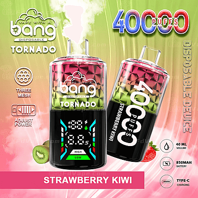 Bang Tornado disposable vape with 40,000 puffs, strawberry kiwi flavor, featuring 40ml volume, 850mAh battery, Type-C charging, adjustable power, and three mesh coils.
