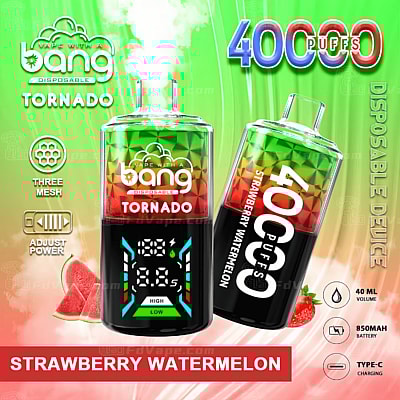 Um anúncio colorido para um dispositivo de vapor descartável chamado "Bang Tornado", apresentando um design de duas cores com gráficos de morango e melancia, exibindo contagem de tragadas de 40.000, capacidade da bateria, configurações de energia ajustáveis e informações de carregamento Tipo C.