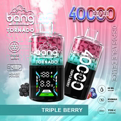 Gráfico colorido de um dispositivo de vapor descartável rotulado "Bang Tornado" com "40.000 Puffs" e sabor "Triple Berry", apresentando um visor digital e ícones indicando potência ajustável, capacidade da bateria e tipo de carregamento.