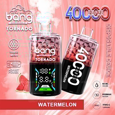 Vape descartável Bang Tornado, sabor melancia, 40.000 tragadas, potência ajustável, carregamento Tipo C, volume de 40 ml e bateria de 850 mAh.