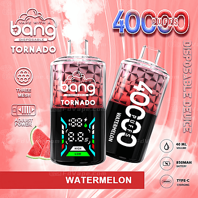 Bang Tornado disposable vape, Watermelon flavor, 40,000 puffs, featuring adjustable power, Type-C charging, 40ml volume, and 850mAh battery.