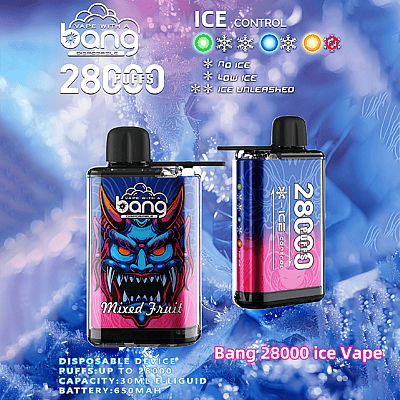 Vape desechable Bang 28000 Puff con control de hielo ajustable, con un diseño vibrante, sabor a frutas mixtas, capacidad de 30 ml de e-líquido y una batería de 650 mAh.
