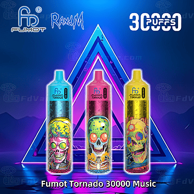 Kleurrijke Fumot Tornado 30000 Music wegwerp-vape-apparaten met levendige schedelontwerpen, weergegeven in blauw, roze en geel tegen een neon driehoek en een blauwe achtergrond met kleurverloop.