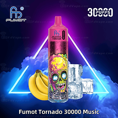 Roze Fumot Tornado 30000 Music wegwerp-vape-apparaat met een levendig schedelontwerp, afgebeeld naast bananen en ijsblokjes, tegen een neondriehoek en een blauwe achtergrond met kleurverloop.