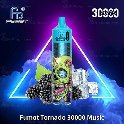 Fumot Tornado 30000 Music wegwerp-vape met een kleurrijk design met een groene schedel, bramen, ijsblokjes en neonlichten op de achtergrond.