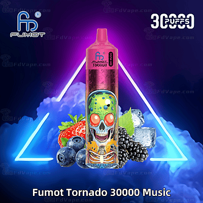 Roze Fumot Tornado 30000 Music wegwerp-vape-apparaat met een levendig schedelontwerp, afgebeeld naast aardbeien, bosbessen, bramen en ijsblokjes, tegen een neondriehoek en een blauwe achtergrond met kleurverloop.