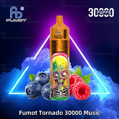 Ein farbenfrohes Vape-Gerät mit der Aufschrift „Fumot Tornado 30000 Music“ mit einem farbenfrohen Totenkopfdesign, Blaubeeren, Himbeeren und einem neonblauen und violetten Hintergrund.