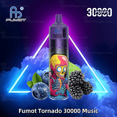 Een kleurrijk vape-apparaat met het label "Fumot Tornado 30000 Music" met een levendig skeletontwerp, omringd door bosbessen en bramen, met een neon driehoekige achtergrond.
