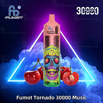 Een kleurrijke Fumot Tornado 30000 Music vape-apparaat met een neon-schedelontwerp, omgeven door kersen en blauwe rook, met de tekst "30000 Puffs".
