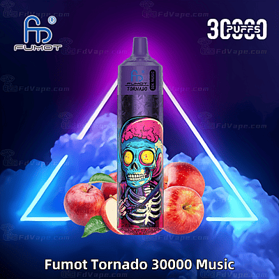 Fumot Tornado 30000 wegwerp-vape met een kleurrijk schedelontwerp, afbeeldingen van appelsmaak en de tekst "30000 puffs" op een neonachtergrond.