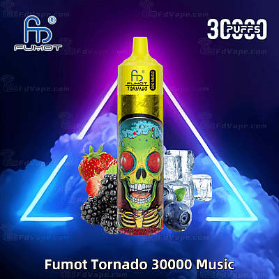 Dispositivo de vapeo musical Fumot Tornado 30000 con un diseño vibrante que presenta una calavera verde, rodeada de fresas, moras, arándanos y cubitos de hielo, con fondo de color púrpura neón y azul.