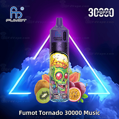 Een levendige Fumot Tornado 30000 Music vape-apparaat met een neongroen schedelontwerp met een brein, omringd door kiwi, guave en passievrucht, tegen een gloeiende blauwe en paarse achtergrond met de tekst "30000 Puffs".