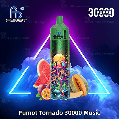 Een levendig wegwerp-vape-apparaat met een groen ontwerp met een kleurrijke octopusillustratie, omringd door fruitafbeeldingen zoals watermeloen, passievrucht en meloen, met neonverlichting en de tekst "Fumot Tornado 30000 Music" en "30000 Puffs".