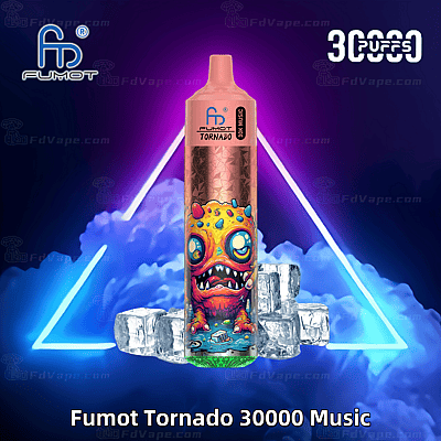 Een kleurrijke Fumot Tornado 30000 Music wegwerp-vape met een levendig monsterontwerp, omringd door ijsblokjes en neonlichten tegen een donkere achtergrond.