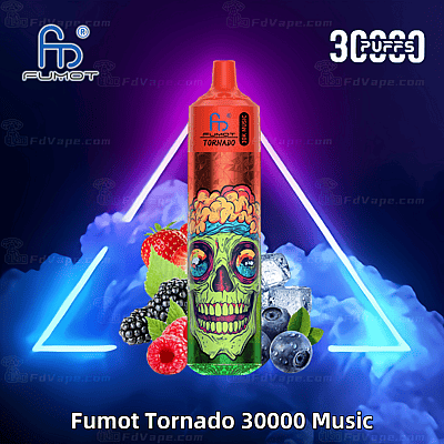 Fumot Tornado 30000 Muziekvape met levendig schedelontwerp, omringd door kleurrijk fruit en ijs, afstekend tegen een neonverlichte achtergrond.