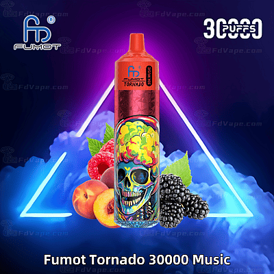 Fumot Tornado 30000 wegwerp-vape met een levendig schedelontwerp, afbeeldingen van gemengde bessen- en perziksmaken en de tekst '30000 puffs' op een neonachtergrond.