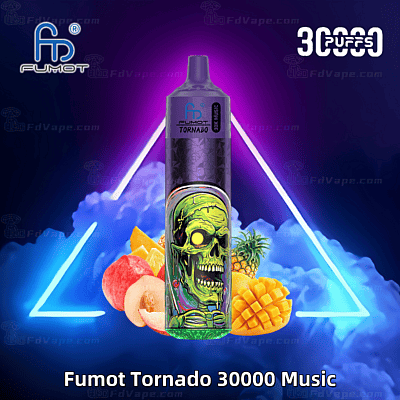 Einweg-Verdampfer Fumot Tornado 30000 Music mit neongrünem Totenkopfdesign, umgeben von Fruchtillustrationen wie Pfirsich, Ananas und Mango vor einem leuchtend violetten und blauen Hintergrund.