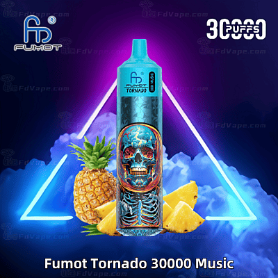 Fumot Tornado 30000 Music-Vape-Gerät mit farbenfrohem Totenkopfdesign, Bildern mit Ananasgeschmack und dem Text „30000 Züge“ vor einem leuchtenden Neonhintergrund.