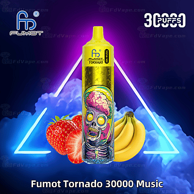 Fumot Tornado 30000 Music wegwerp-vape met een kleurrijk schedelontwerp, omringd door illustraties van aardbeien en bananen, met de tekst "30000 Puffs" op een levendige neonachtergrond.