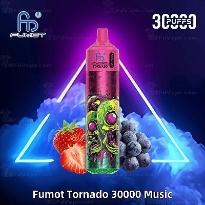Een levendig vape-apparaat met het label "Fumot Tornado 30000 Music" met een kleurrijk druipend schedelontwerp, aardbeien, bosbessen en een neonblauwe en paarse achtergrond.