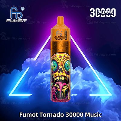 Een feloranje vape-apparaat met het label "Fumot Tornado 30000 Music" met een kleurrijk, psychedelisch schedelontwerp, een gloeiende neonachtergrond en de tekst "30000 puffs".