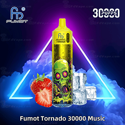 Een levendig vape-apparaat met het label "Fumot Tornado 30000 Music" met een kleurrijk zombie-ontwerp, aardbeien en ijsblokjes, tegen een neonverlichte rokerige achtergrond.