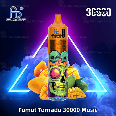 Een levendig wegwerp-vape-apparaat met het label "Fumot Tornado 30000 Music", met een kleurrijk schedelontwerp, omringd door mango's en neonlichteffecten.