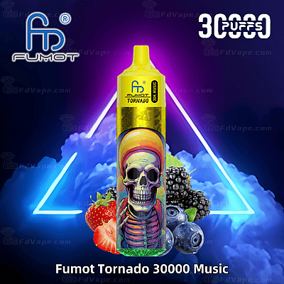 Een levendige Fumot Tornado 30000 Music wegwerp-vape met een kleurrijk skeletontwerp, omringd door fruit zoals aardbeien, bosbessen en bramen, met neonlichten en een donkere achtergrond.