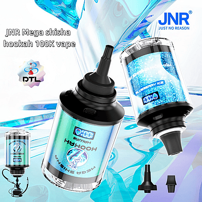 Dispositivo de vapeo JNR Mega Shisha Hookah 100K con pantalla digital, marca de sabor a helado de arándano y componentes de boquilla desmontables, sobre un fondo con temática líquida.