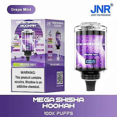 Grape Mint flavored Mega Shisha Hookah with 100K puffs, featuring a purple design, digital display, and nicotine warning label.