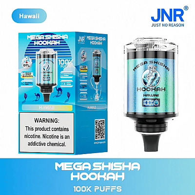 Produktverpackung und Gerät von Mega Shisha Hookah mit „Hawaii“-Geschmack, 100.000 Zügen und einem Nikotinwarnhinweis.