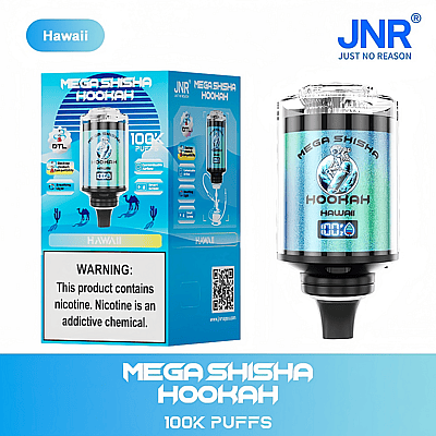 Mega Shisha Hookah product packaging and device, featuring "Hawaii" flavor, 100K puffs, and a nicotine warning label.