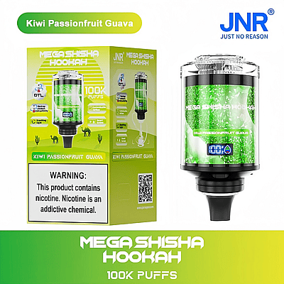 Packaging of the "Mega Shisha Hookah" featuring a Kiwi Passionfruit Guava flavor, showcasing 100,000 puffs, product details, and a nicotine warning label.