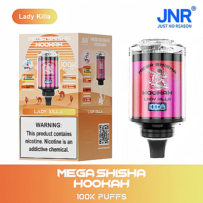 Mega Shisha Hookah Lady Killa with 100K puffs, featuring a vibrant design, nicotine warning label, product details, and a QR code on the packaging.