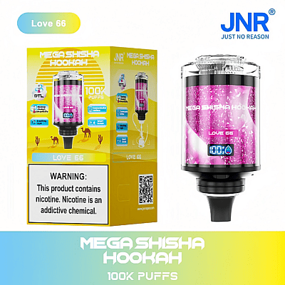 Mega-Shisha-Wasserpfeifengerät mit rosa Design, digitaler Anzeige und Verpackung mit der Aufschrift „100.000 Züge“, dem Geschmack „Love 66“ und einem Warnhinweis zu Nikotin.