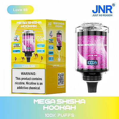 Mega Shisha Hookah device with pink design, digital display, and packaging showing "100K Puffs," "Love 66" flavor, and nicotine warning label.