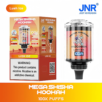 A Mega Shisha Hookah device and packaging featuring "Lush Ice" flavor, 100K puffs, with a warning label about nicotine addiction and colorful design elements.