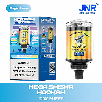 A product image of "Mega Shisha Hookah Magic Love" with a packaging box displaying features like 100K puffs, nicotine content warning, and design details including a smart screen and colorful branding.