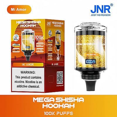 "JNR Mega Shisha Hookah device with Mi Amor flavor, featuring a golden design, 100K puffs capability, and a digital display, shown alongside its packaging with warning label about nicotine."