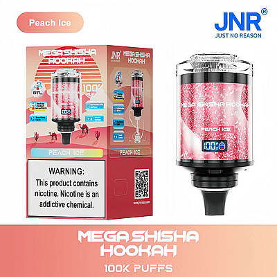 Peach Ice flavored Mega Shisha Hookah device with 100K puffs, featuring a digital display, packaged alongside its branded box with a warning label about nicotine.