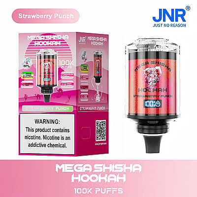 Packaging and product of a "Mega Shisha Hookah" with 100K puffs, Strawberry Punch flavor, featuring a warning about nicotine addiction.