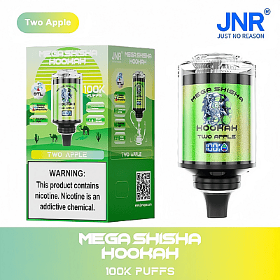 „Verpackung und Produktbild der Mega Shisha Hookah Two Apple-Geschmacksrichtung mit 100.000 Zügen, mit Warnhinweis zur Nikotinsucht und detaillierten Produktmerkmalen.“