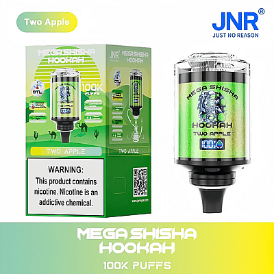 "Packaging and product image of Mega Shisha Hookah Two Apple flavor with 100K puffs, showing warning label about nicotine addiction and detailed product features."