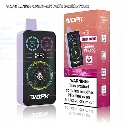 Vaporizador descartável VOPK Ultra 40.000 Puffs com dois sabores: morango, cranberry, cereja e abacaxi, maracujá e limão, com visor digital e rótulo de advertência sobre nicotina.
