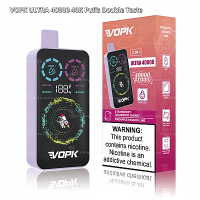 Vaporizzatore monouso VOPK Ultra da 40.000 tiri con due gusti: fragola, mirtillo rosso, ciliegia e ananas, passione e lime, dotato di display digitale ed etichetta di avvertenza sulla nicotina.