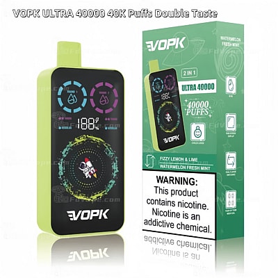 Caixa descartável para vaporizador VOPK Ultra 40000 com sabores Fizzy Lemon & Lime e Watermelon Fresh Mint, com 40.000 tragadas e um design de sabor duplo.