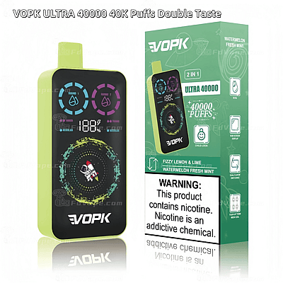 Box per svapo monouso VOPK Ultra 40000 con aromi Fizzy Lemon & Lime e Watermelon Fresh Mint, con capacità di 40.000 boccate e design a doppio gusto.