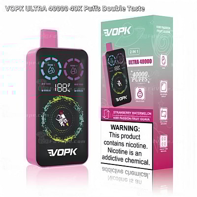 Embalagem para vaporizador VOPK ULTRA 40000 40K Puffs Double Taste com sabores: Morango, Melancia, Kiwi, Maracujá, Goiaba.