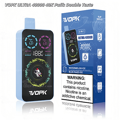 Dispositivo per svapo monouso VOPK Ultra 40000 con gusti ghiaccio all'anguria e ghiaccio al lampone blu, dotato di display digitale e confezione.