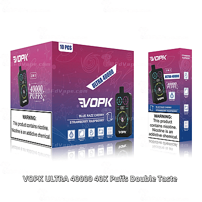 Confezione monouso per vaporizzatore VOPK Ultra 40000 nei gusti Blue Razz Cherry e Strawberry Raspberry con un'avvertenza sul contenuto di nicotina.